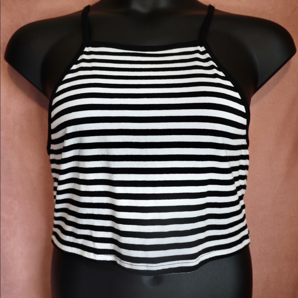 H&M L spaghetti strap basic striped crop tank top